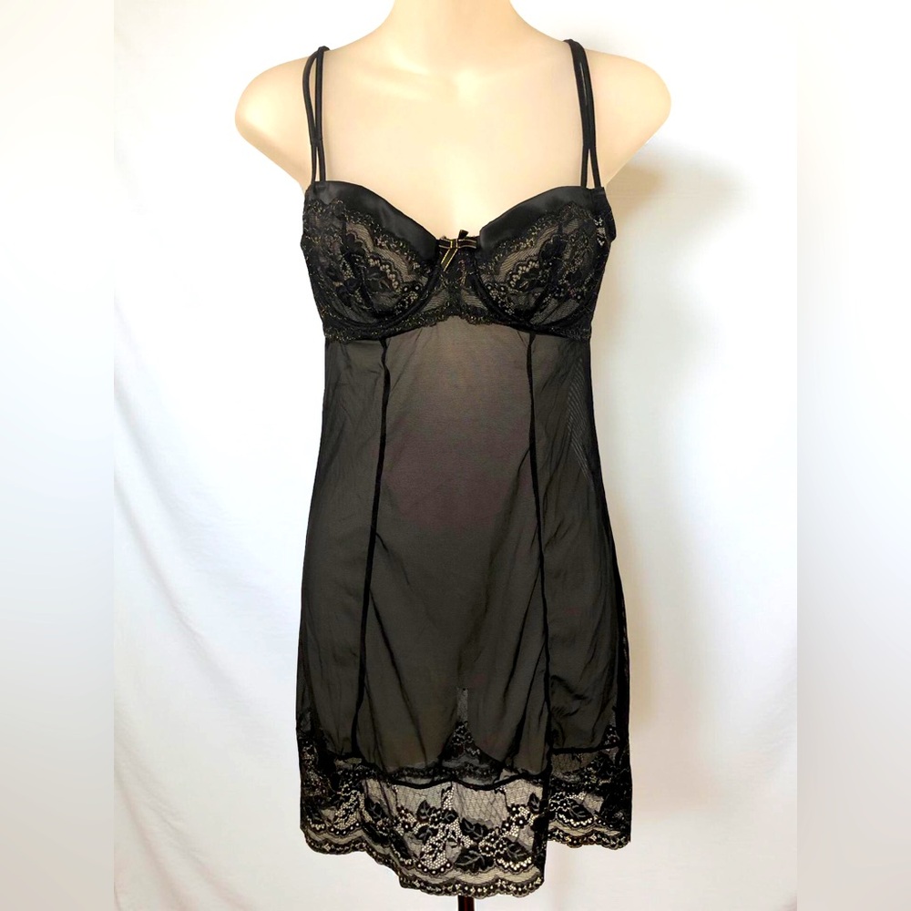 Blush Underwire Mesh and Black Gold Lace Sheer Babydoll Chemise Lingerie Size M